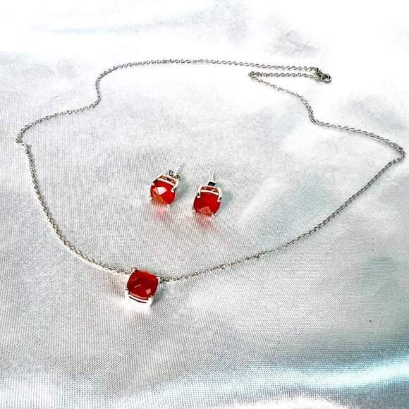 NWOT Macy's Sterling Silver Cushion Cut Red Agate Necklace and Earrings Set - Picture 2 of 6